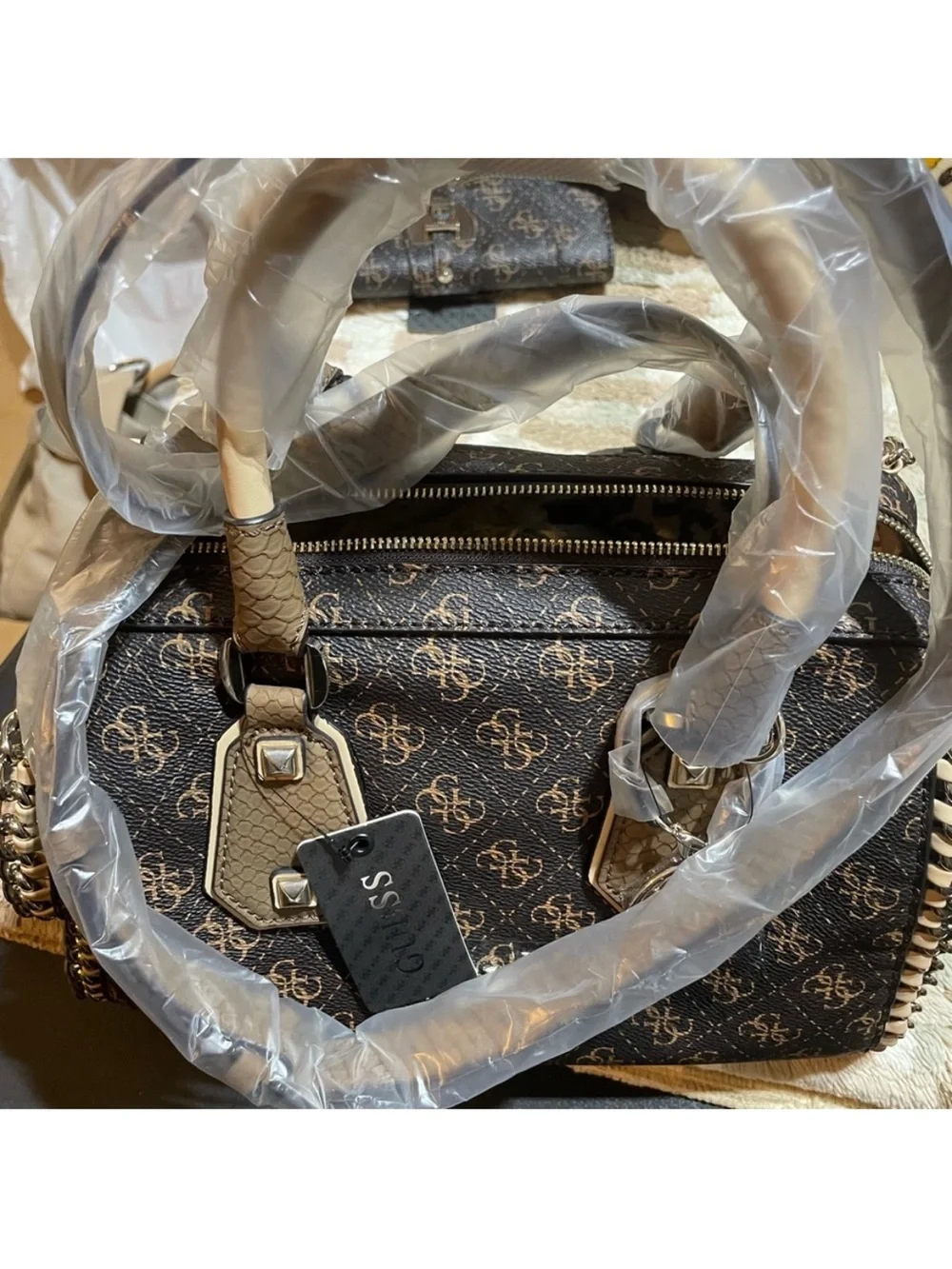 GUESS Brown Monogram Satchel with Gold Hardware